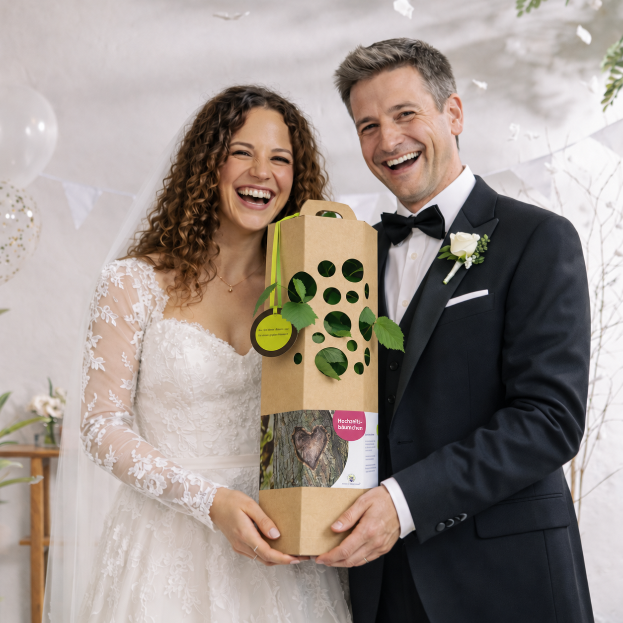 Hochzeitsbaum als Geschenk für das Brautpaar in liebevoller Geschenkverpackung mit Widmungskarte