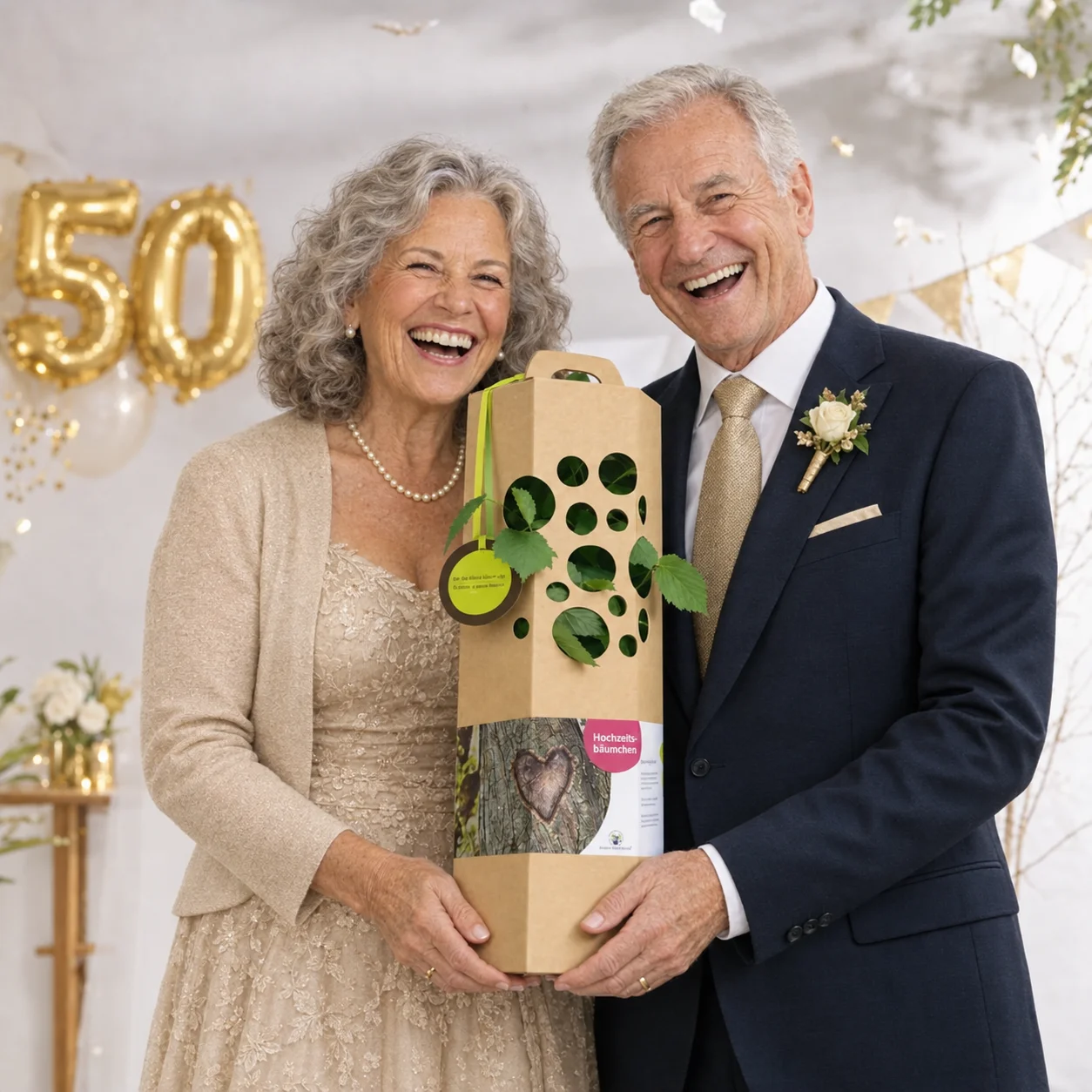 Jubelpaar freut sich über einen Baum als Geschenk zur Goldenen Hochzeit