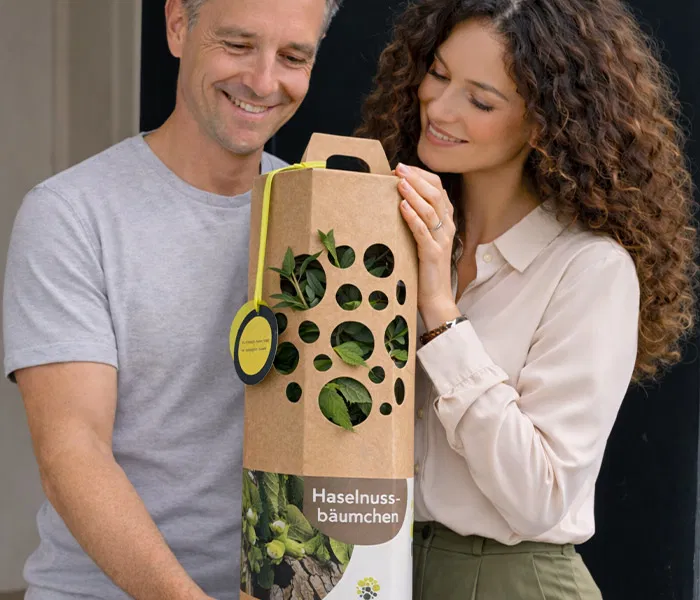 Mann und Frau kaufen Haselnussbaum