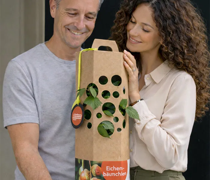 Mann und Frau verschenken Eichenbaum