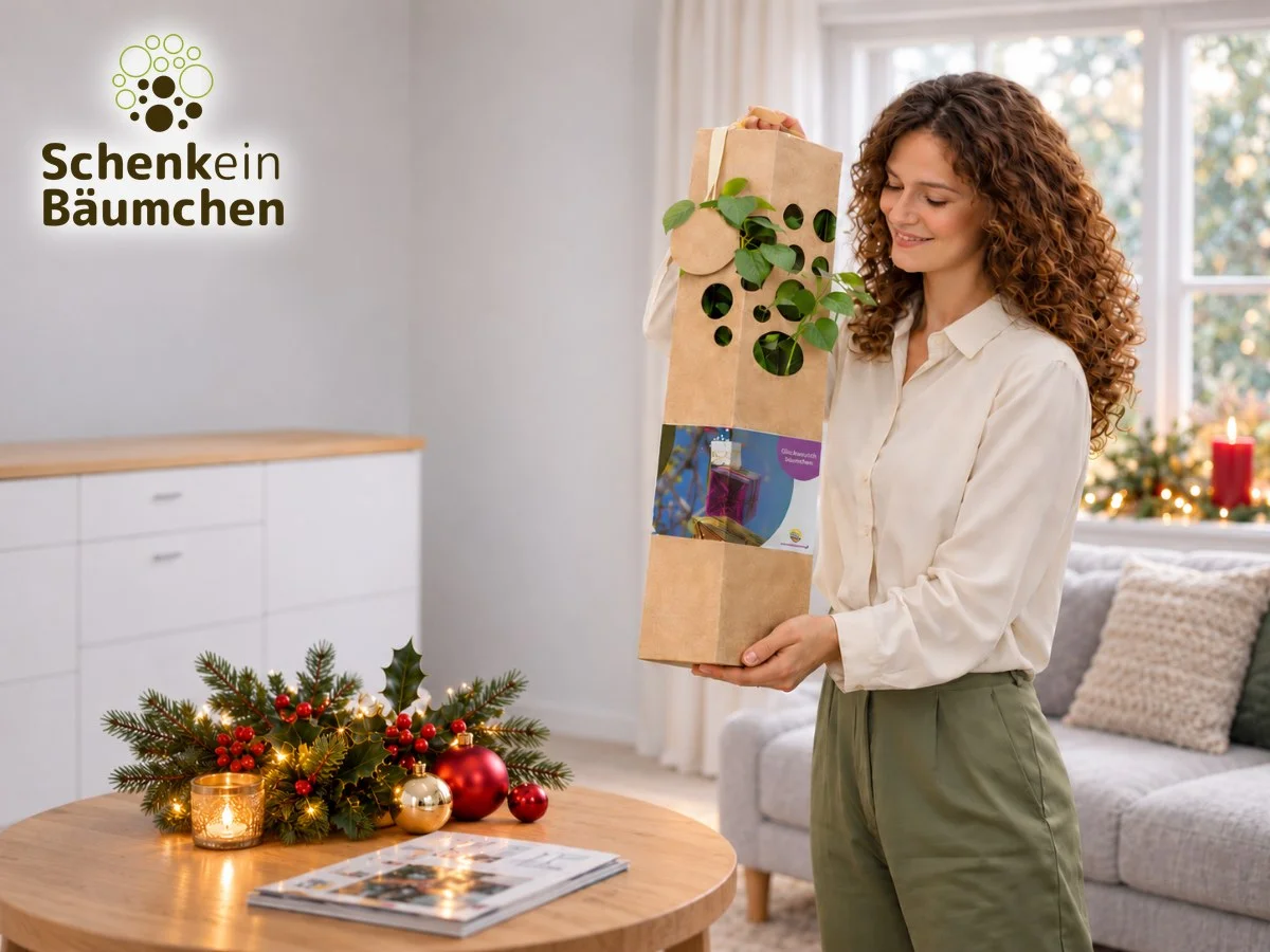 Nachhaltiges Weihnachtsgeschenk für Mitarbeiter: Übergabe eines Geschenkbaums bei der Firmen-Weihnachtsfeier